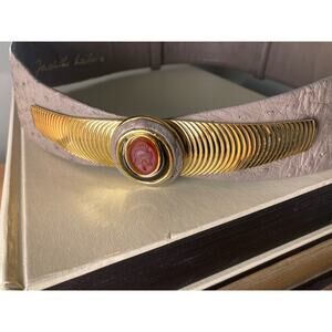 Judith Leiber Incredible Grey Ostrich Leather Belt Gold Roman Cameo Onyx Buckle
